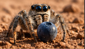An imaginary spider beside a blueberry on Mars